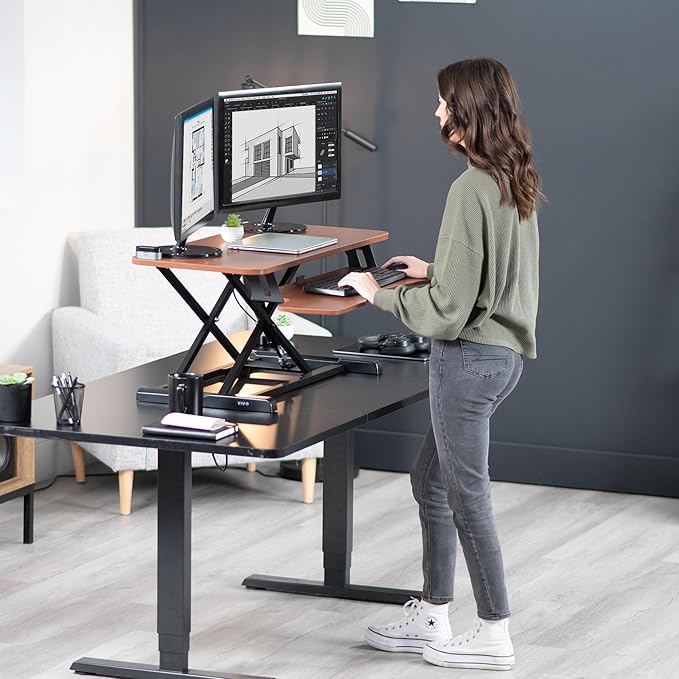 VIVO 36 inch Desk Converter, K Series, Height Adjustable Sit to Stand Riser, Dual Monitor and Laptop Workstation with Wide Keyboard Tray, Dark Walnut Top, Black Frame, DESK-V036KA