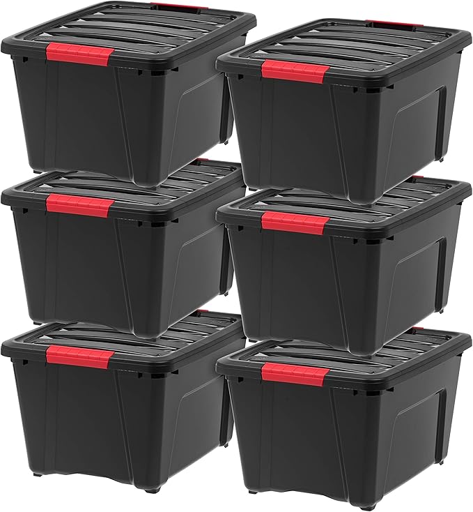 IRIS USA 32 Qt Stackable Plastic Storage Bins with Lids, 6 Pack - BPA-Free, Made in USA - Garage Organizing Solution, Latches, Durable Nestable Containers, Secure Pull Handle - Black