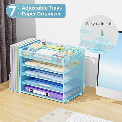 Marbrasse 5-Tier Desk Organizer with File Holder,Paper Letter Tray Organizer,Desktop File Organizer with Adjustable Compartments,Mesh Desk Organizers and Accessories for Office Supplies,Blue