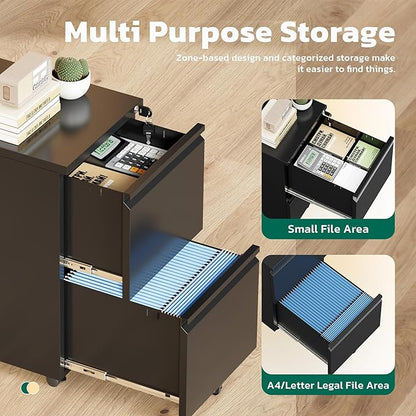 Greenvelly 2 Drawer Mobile File Cabinet with Lock, Metal Filing Cabinet on Wheels, Under Desk File Cabinet for Home Office Organizer Letter/Legal/A4 File (Assembly Required, Black)