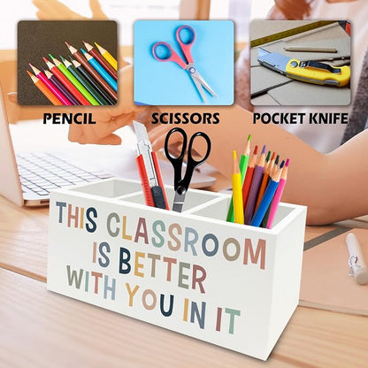 Boho Classroom Pen Pencil Holder Organizer for Desk, This Classroom Is Better With You in It Wooden Box Signs Decorations for Home Office Desk Tabletop, Back to School Supplies