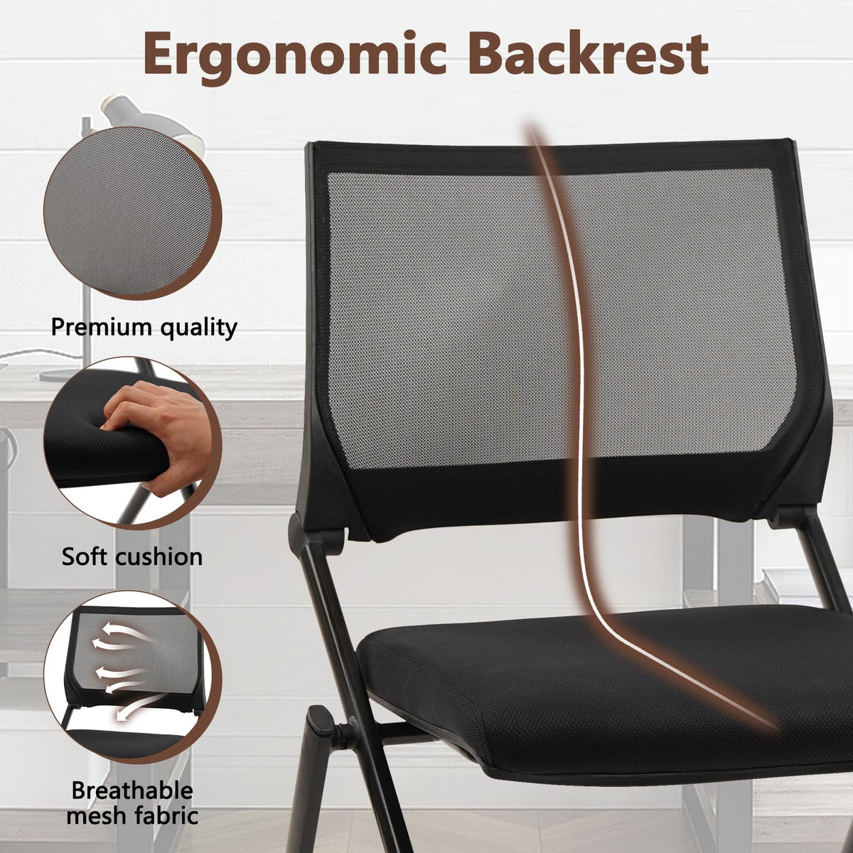 2PACK, Stackable & Foldable Chairs with Wheels, Reception Guest Chairs with Lumbar Support, Ergonomic Mesh Back Folding Chair for Office Schools Training Conference Waiting Room, Black
