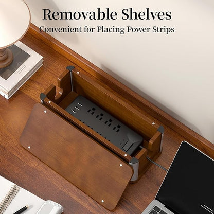 Delamu Wooden Cable Management Box, Retro-Inspired Look Desk Cord Organizer Box for Home Office, Large Cable Organizer Hides Cords and Power Strips, Power Strip Cover, 14.3" x 6.0" x 5.5", Dark