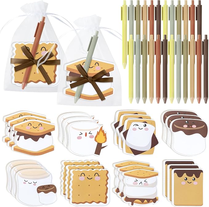 CJiangpo 24 Pack Marshmallow Sticky Note Pad with Pen Gift Set, Cute Self Stick Notepad Memo Pads Ballpoint Pens with Organza Bags, Funny Classroom Rewards Camping Themed Party Favor Gift for Kids