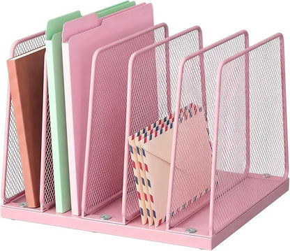 LEKETREE Small Desk File Organizer, 5-Section Upright File Sorter, Vertical File Folder Holder, Mesh Metal Wood Office Desktop Organization for Document, Magazine, Books and more (Pink)
