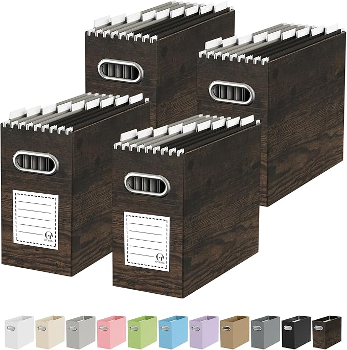 Oterri Cardboard File Organizer Box for Hanging File Folders Letter Size,File Box for Computer Desk,File Cabinet,Working Home,Office,Classroom (Brown Wood Grain Print, Letter Size - 4 Packs)