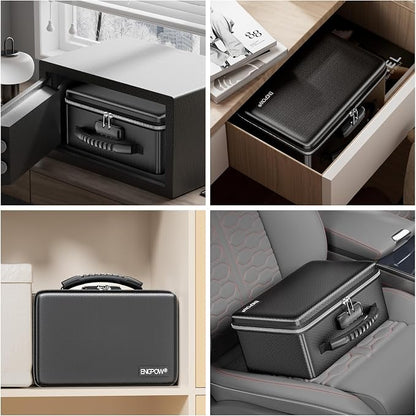 ENGPOW Fireproof Money Box with Lock & Heat-Resistant Fireproof Zipper | 6400°F 12-Layer Fire Protection,Small Hard Case with Multi-Pocket,Portable Home Chest Safe Storage for Money, Jewelry, Black