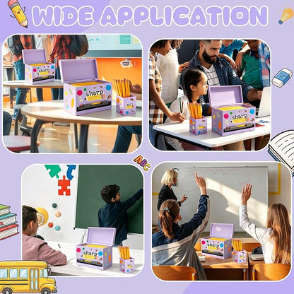 Mifoci Wooden Pencil Dispenser Kit for Classroom Wooden Pen Holder Straw Dispenser Sharp and Dull Letter Stickers for Teachers Classroom Supplies Storage(Light Purple)