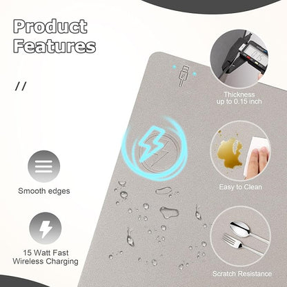 Wireless Charging Mouse Pad Firelison 2 in 1 Leather Multifunctional Office Desk Pad with Non-Slip Rubber Base, Waterproof Desk pad for Computers/Office/Work/Home/Decor（ 32" x 16"Grey - L）
