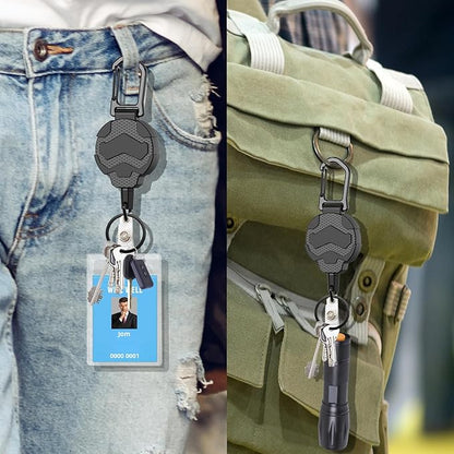 Retractable Keychain Badge Holder with Belt Clip,OR Heavy Duty Carabiner ID Badge Clip Reel, 31.5” Steel Retractable Cord, 10 oz Rebound，Black-1 Pack (with 1 Badge Holder)