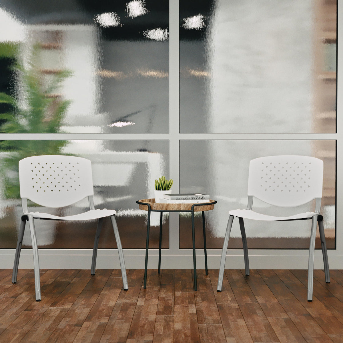 880 lb. Capacity White Plastic Stack Chair with Titanium Gray Powder Coated Frame