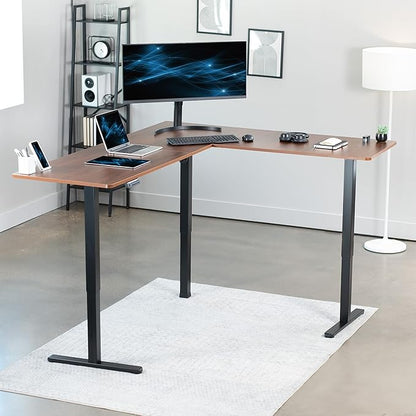 VIVO Electric Corner 75 x 63 inch L-Shaped Standing Desk, Memory Height Adjustment, Dark Walnut Top Black Frame, DESK-E3CTD-75