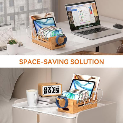 Pezin & Hulin Bamboo Charging Station with Watch Stand, Docking Holder for Multi Device with 5 Charge Cables, Desktop Dock Stations Electronic Organizer for Cellphone, Tablet, Watch-Natural Bamboo