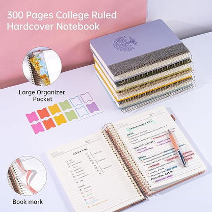 Spiral Notebook Wide Ruled Leather Journal for Women, 300 Pages, 7X10,Pink | Large Notebooks for School Office, Note Taking Notebooks for Writing Lined Notebook with Tabs Pockets Pen Holder