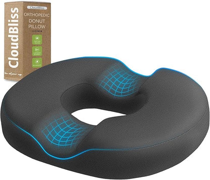 CloudBliss Donut Pillow Seat Cushion for Tailbone Pain Relief and Hemorrhoids, Memory Foam Chair Cushion for Postpartum Pregnancy, Seat Cushions for Men and Women for Home & Office, (Grey)
