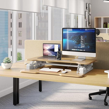 Mount-It! Height Adjustable Standing Desk Converter, 38” Wide, Desk Riser for 2 Monitors, Manual Gas Spring Sit Stand Desktop Raises to 16.9", Fits Two Monitor Screens with Keyboard Mouse Tray Maple