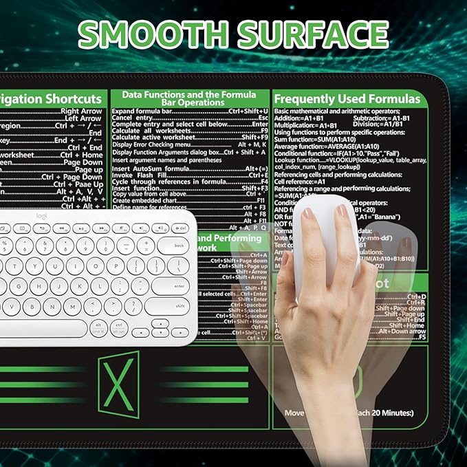 iCasso Excel Cheat Sheet Desk Pad, Excel Mouse Pad Shortcuts, Excell Short Cut Desk Mat, Extended Large XXL Non-Slip Exel Mousepad with Stitched Edges for Computer Keyboard