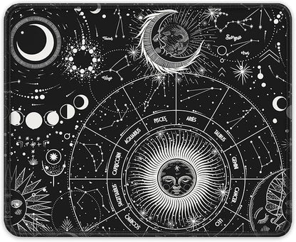Auhoahsil Mouse Pad, 12 x 10 in Tarot Style Sun Moon Computer Mouse Pad for Desk, Premium-Textured Non-Slip Rubber Stitched Edges Waterproof Square Mouse Mat for Gaming Work Wireless Mice, Black
