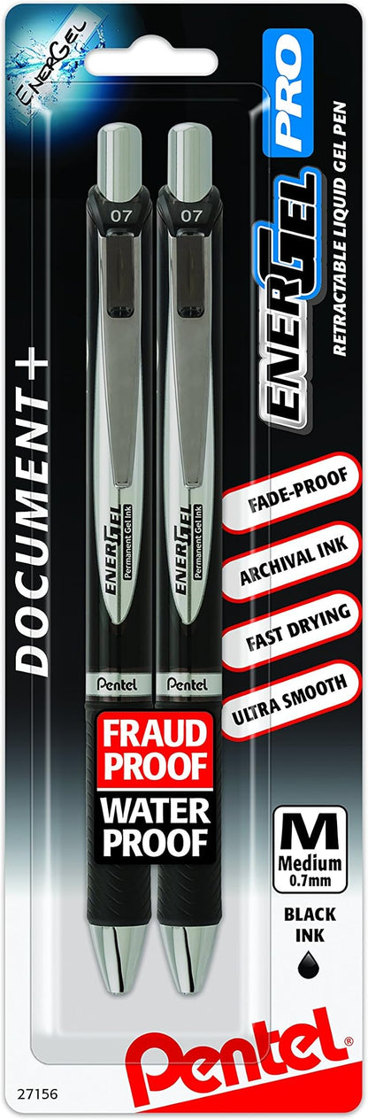 Pentel EnerGel PRO Permanent Gel Pen, (0.7mm), Medium Line, Archival and Water-Proof, Black Ink, Pack of 2 (BLP77BP2A)