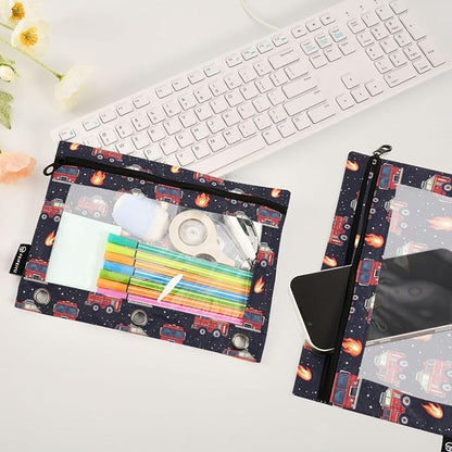 Fire Fighting Truck Binder Pouches 3 Ring for Boys Girls School Office College Supplies Cars Doodle Pattern Pencil Pouches Case Bag with Clear Window and Zipper 2 Pack