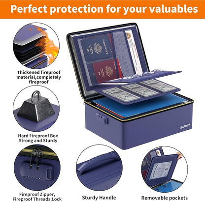 ENGPOW Fireproof Document Box with Lock & Heat-Resistant Fireproof Zipper | 6400°F 12-Layer Fire Protection, Hard File Organizer with Pockets, Portable Home Chest Safe Storage for Money,Jewelry, Blue