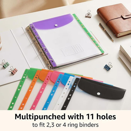 12 Pack Expandable Plastic Envelopes Binder Pocket, 11 Hole Expanding File Pockets for 2/3/4 Ring Document Pouch with Snap Button & Label, Loose-Leaf Transparent for School Home Office