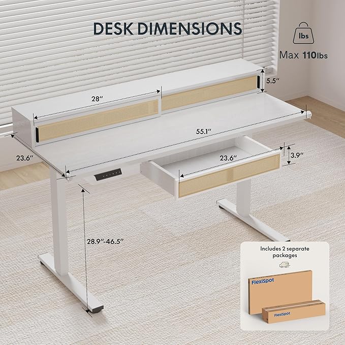 FLEXISPOT Q4 One-Piece Standing Desk with Rattan Drawers, 55 x 24 Inch Adjustable Height, Electric Stand Up Table with Monitor Shelf, Home Office Ergonomic Computer Desk with Memory Presets, White