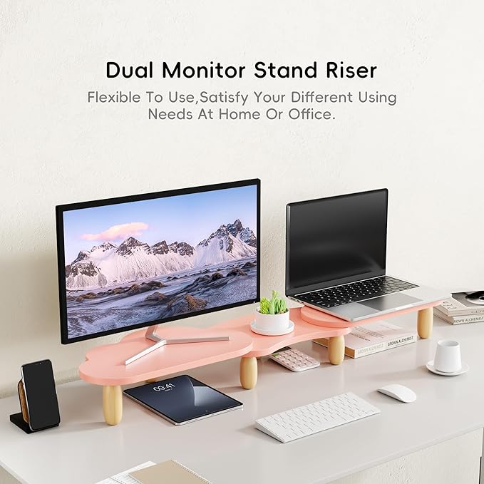 AFOOYO Dual Monitor Stand Riser, Adjustable Rainbow Cloud Desktop Organizer for 2 Monitors, Flexible Length & Angle Computer Stand for Laptop, PC, Printer, Home Office Use - Pink