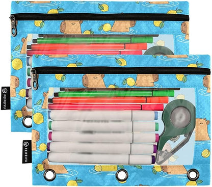 Emelivor Capybara Lemon Blue Pencil Pouch for 3 Ring Binder 2 Pack Binder Pencil Pouches Zippered Clear Pencil Case Cosmetic Bag for Office Work College Home Supplies