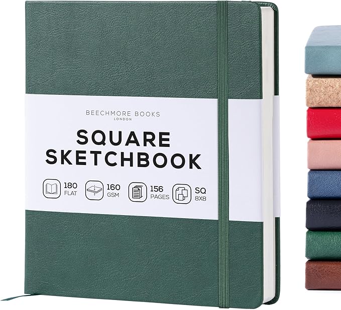 Beechmore Books Square Sketchbook – 8x8 Premium Vegan Leather Bound Large Sketch Book Hardcover with 156 Thick 160gsm Perforated Ivory Pages, Blank Sketch Pad, Gift Boxed Back Pocket, Ribbon Bookmark