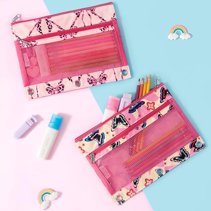 WAWSAM Butterfly 3 Ring Pencil Pouch, Zipper Pencil Pouch for Girls | 2 Pocket Clear Window Pencil Case, Pencil Pouch for 3 Ring Binder, Pencil Bags for School Supplies, Office, College
