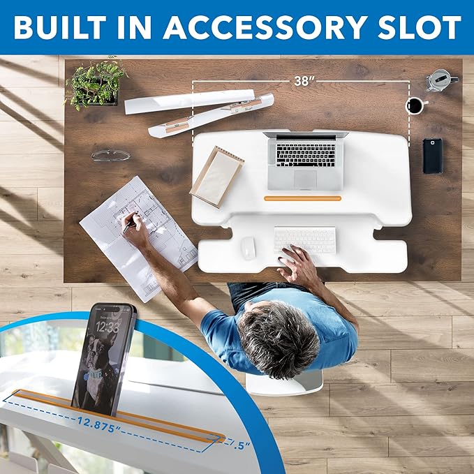 Mount-It! Standing Desk Converter White 38” Wide Height Adjustable Stand Up Desk Riser, Desk Topper with Gas Spring, Desktop Standing Desk with Keyboard Tray Fits Two Monitors