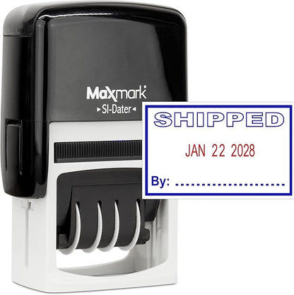 MaxMark Office Self Inking Date Stamp with Phrase Shipped - 2 Color Blue/Red Ink