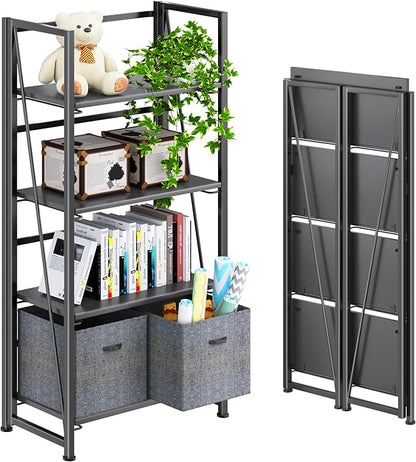 4NM No Assembly Folding Bookshelf Storage Shelves 4 Tiers Vintage Bookcase Standing Racks Study Organizer Home Office (All Black)