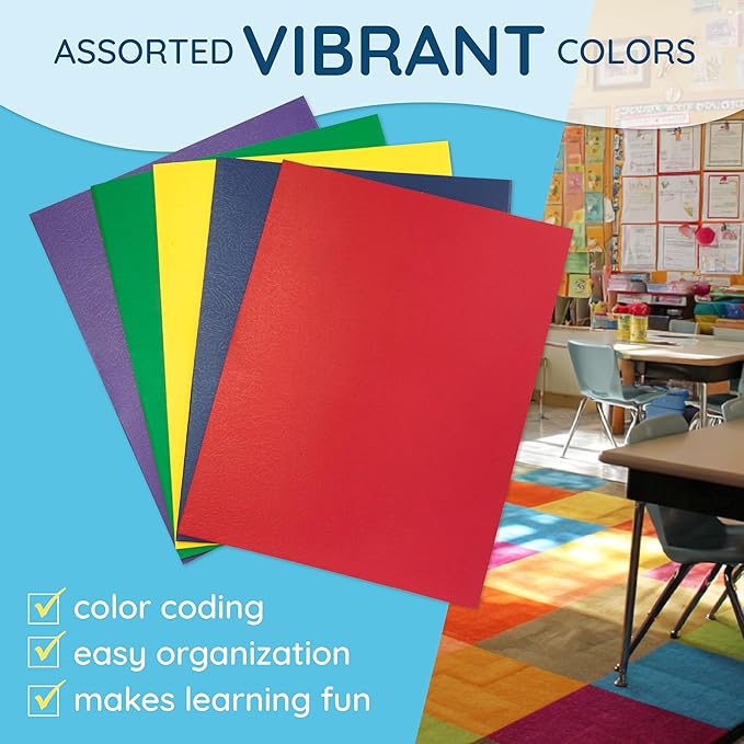 Blue Summit Supplies 100 Paper Two Pocket Folders with Prongs, 2 Pocket Folders Bulk 100 Pack, Assorted 5 Colors, 3 Prongs for Letter Size Paper, Designed for Office and Classroom