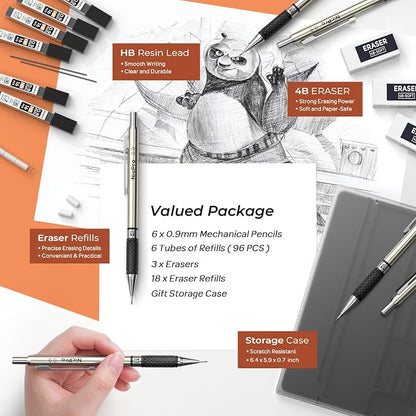Nicpro 0.9 mm Art Mechanical Pencils Set in Case, 6 PCS | Metal Drafting Pencil Lead Pencil + 6 Tube HB Lead Refill, Eraser, Comfort Grip For School Writing, Artist Drawing Sketching