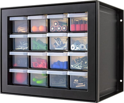 IRIS USA Small Plastic Drawer Organizer, 16-Drawer, Stackable Teacher Toolbox Crayon Small Parts Bead Building Bricks Screw Garage Desk Storage Cabinet, Drink and Water Flavor Packet Organizer, Black