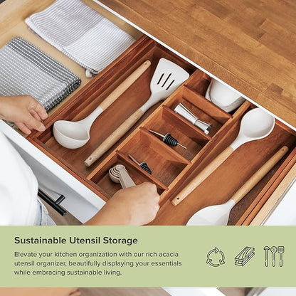KitchenEdge Adjustable Kitchen Drawer Organizer for Utensils and Junk, Food-Safe Contract Grade with 100% Sustainable Wood, Non-Slip, Expandable from 18.5 to 33 Inches Wide - Natural Acacia
