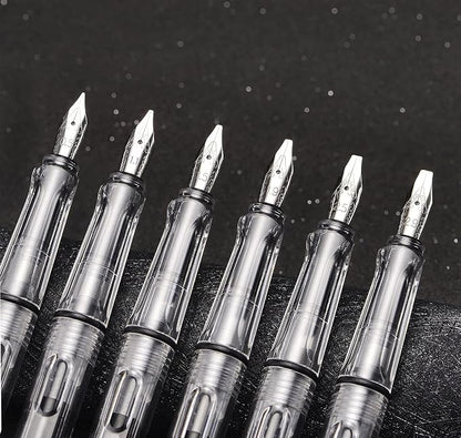 Lanxivi Yongsheng Calligraphy Fountain Pen Set Transparent Clear, 6 Assorted Tip Sizes for Art Drawing and Writing Signature