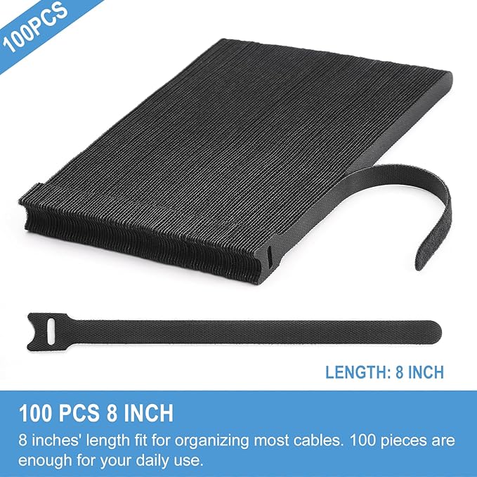 100 PCS 8 Inches Reusable Cable Ties | Adjustable Cord Wraps, Cable Straps | Hook & Loop Cord Organizer, Cable Management
