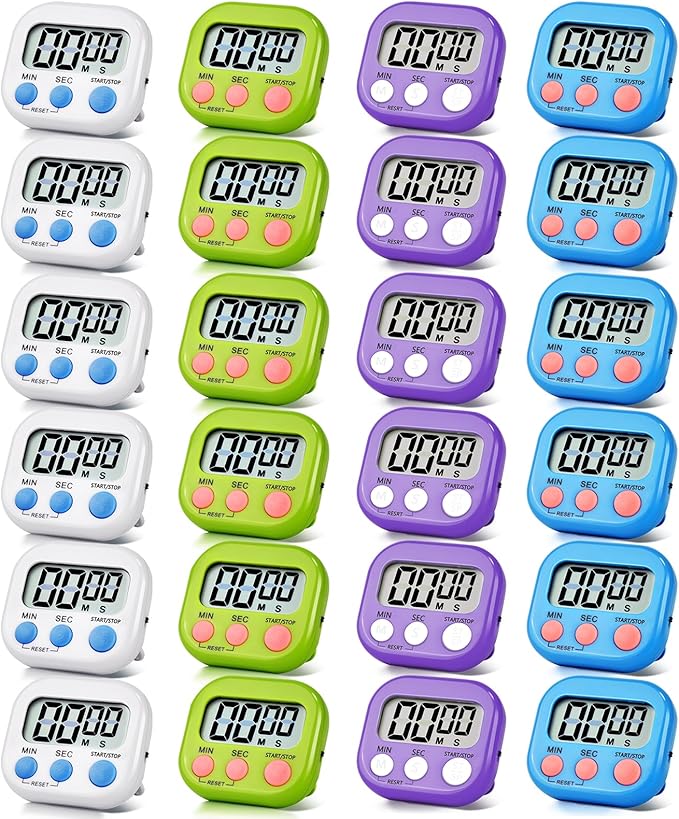 24 Pack Timers Magnetic Kitchen Timer Cooking Timers for Kitchen Digital Timer with Big Display Loud Ring Electronic Timer for Cooking, Classroom, Break Time(24, White,Green,Blue,Purple)