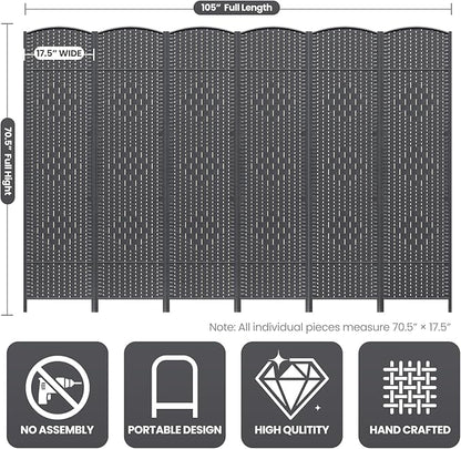 Cocosica 6 Panel Room Divider,6Ft Folding Privacy Screen,Tall - Extra Wide Foldable Panel Partition Wall Divider with Diamond Double-Weaved Hand-Woven Design Room Screen Divider