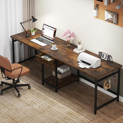 Tribesigns Two Person Desk, 79 Inch Double Desk with 2 Drawers, Large Computer Desk Long Desks with Storage Shelves, Writing Table Study Desk for Home Office, Rustic Brown (NY001)