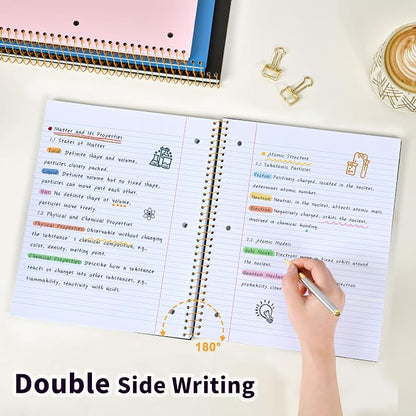 Spiral Notebook College Ruled Paper 8" x 10-1/2", 1 Subject Spiral Notebook 80GSM Paper, 3-Hole Punched Perforated Pages Ideal for School, Office, Writing, 75 Sheets Lined Journaling Notebook, Black