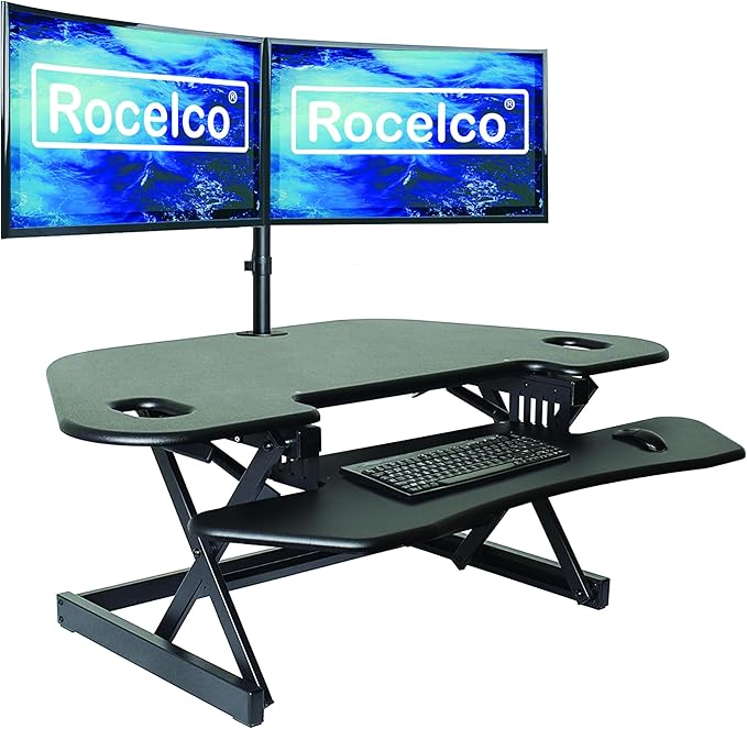 Rocelco 46" Height Adjustable Corner Standing Desk Converter with AC Outlet USB Charger and Dual Monitor Arm Mount - Stand Up Tabletop Riser Workstation - Keyboard Tray - Black (R CADRB-46-ACUSB-DM2)
