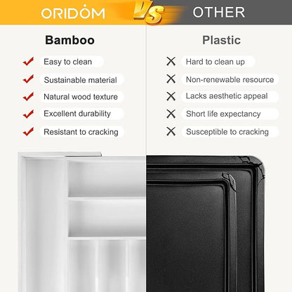 oridom Large Premium Bamboo Silverware Organizer - Expandable Drawer Organizer & Utensil Organizer - 17"x19.7" Cutlery Tray with Dividers for Kitchen Utensils and Flatware (7-9 Slots) (White)