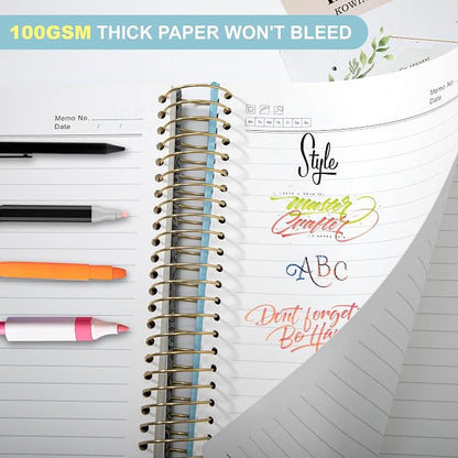 Spiral Notebook Wide Ruled Leather Journal for Women, 300 Pages, 7X10,Blue | Large Notebooks for School Office, Note Taking Notebooks for Writing Lined Notebook with Tabs Pockets Pen Holder