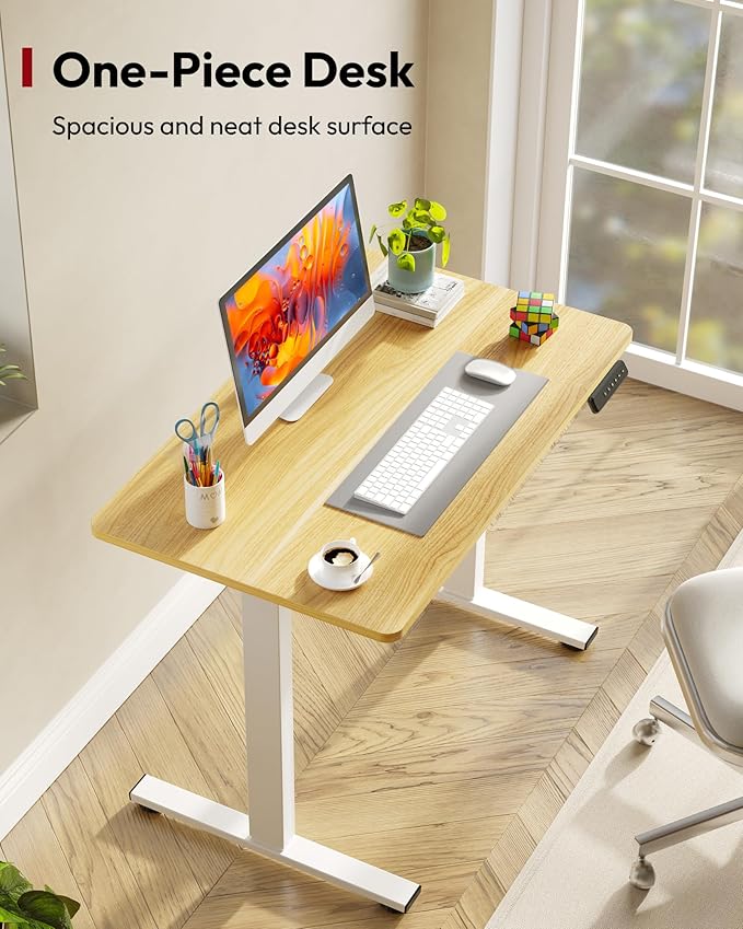 SANODESK Electric Standing Desk 40 x 24 Inches Whole-Piece Desktop Height Adjustable Stand Up Desk w/6-Button Controller Ergonomic Computer Desk for Home Office, White Frame + Natural Tabletop