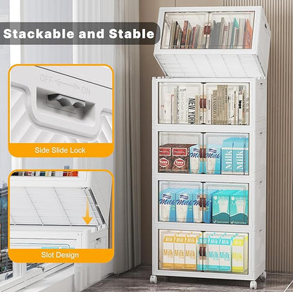 UAMFURI Extra Large Stackable Storage Bins with Lids & Wheels & Door, 260QT-52QT/13GAL*5Pack Foldable Collapsible Closet Organizers, Plastic containers drawers for bedroom Dorm