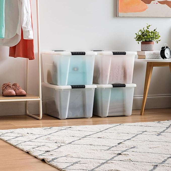 IRIS USA 40 Qt Stackable Plastic Storage Bins with Lids, 4 Pack - BPA-Free, Made in USA - Discreet Organizing Solution, Latches, Durable Nestable Containers, Secure Pull Handle - Pearl